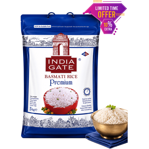 India Gate Extra Langkorrelige Premium Basmati Rijst, 5kg + (10% Extra)