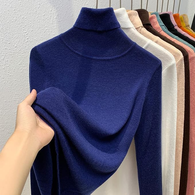 Pull de Base Tricoté Vêtements pour Femmes Col Montant Pull Pull en Laine Tempérament Couche Intérieure Haut Cintrable à la Taille 2XL bleu foncé
