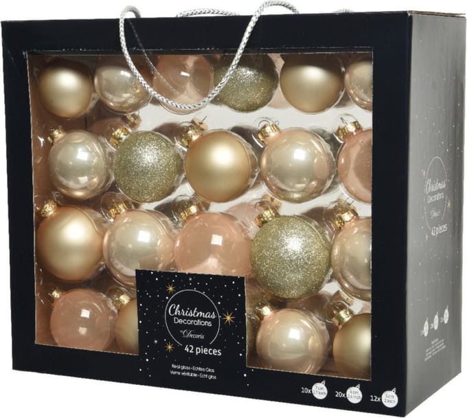 Kerstballen - 42x st - 5, 6, 7 cm - met matte piek - champagne - glas - kerstversiering