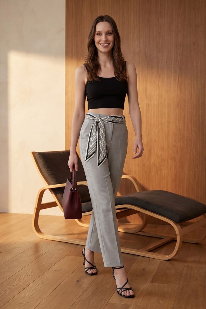 Hoge Taille Rechtoe-Rechtaan Crepe Broek met Ceintuur