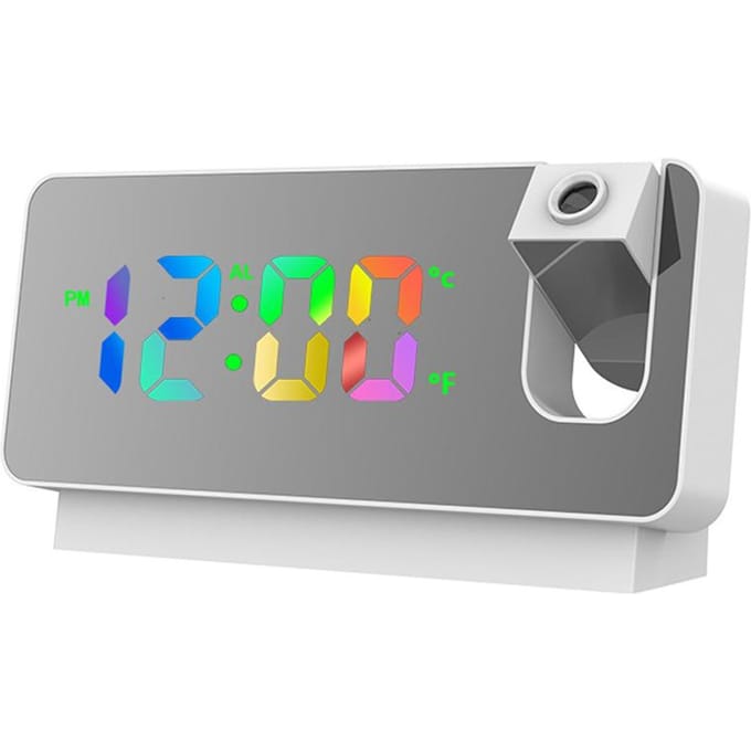 Projectiewekker Digitale klok met 180 graden draaibare projector Helder kleurrijk groot LED-scherm wit