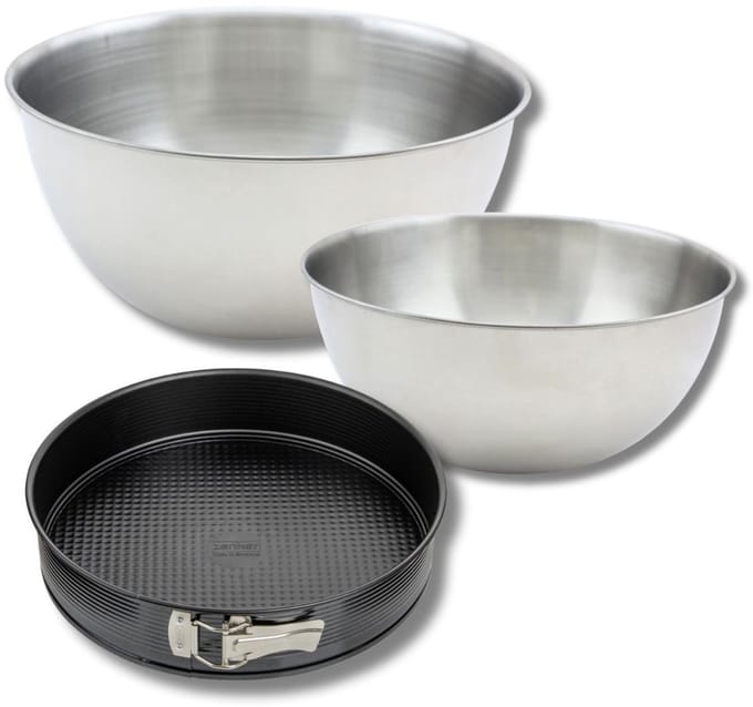 Set bestaande uit 1 springvorm 24 cm, 1 spatel Zenker en 2 mengkommen van roestvrij staal Fackelmann