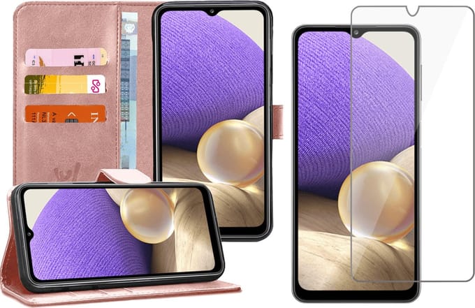 Hoesje geschikt voor Samsung A32 en Screenprotector Book Case Kunstleer Wallet Rosegoud + Screen Protector Glas