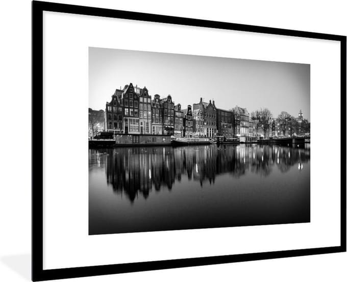 Fotolijst incl. Poster Zwart Wit- Zonsopgang grachten Amsterdam - zwart wit - 120x80 cm - Posterlijst
