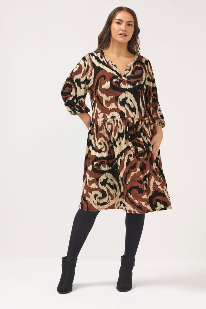 Yours Bruine Abstracte Jurk Met Inkeping In De Hals Size 50-52
