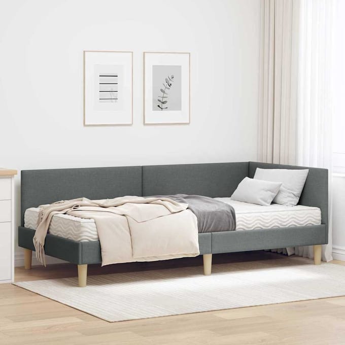 vidaXL - Hoekbedframe - met - Matras - 2 - st - Donkergrijs - 90 - x - 190 - cm - Stof
