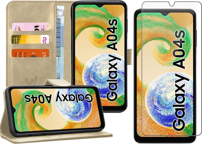 Hoesje geschikt voor Samsung Galaxy A04s / A13 5G - Screen Protector GlassGuard - Book Case Kunstleer Pasjeshouder Goud & Screenprotector