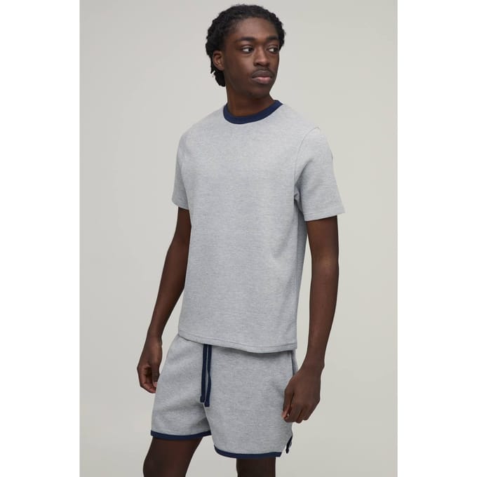 Slim Boxy Waffle Ringer T-Shirt & Racer Shorts Set | Grey Marl | Size Small