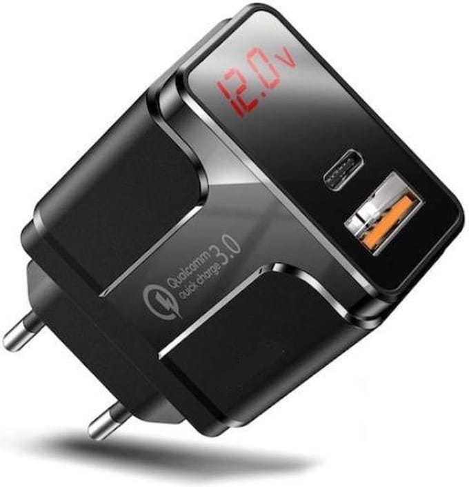 DrPhone HALO5 PRO Qualcom 3.0 Quick Charge 18W Thuislader met PD QC3.0 Type-C Fast Charger & LED-display real-time status - Zwart