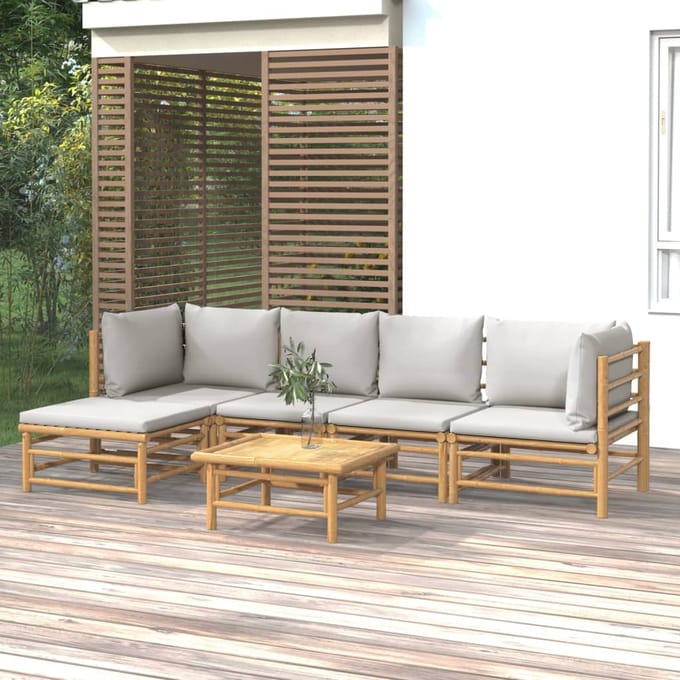 vidaXL - 6-delige - Loungeset - met - kussens - bamboe - lichtgrijs