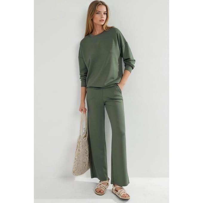 Modal Touch Ronde Hals Sweatshirt & Wijde Pantalon Twee-Stuks Set