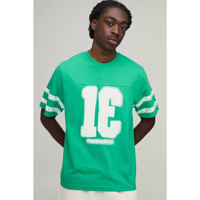 Regular Boxy Fit Gewassen Varsity Print Paneel T-shirt | Green | Size Small