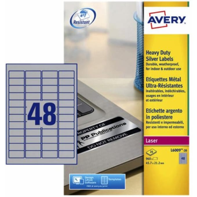 Etiket avery l6009-20 45.7x21.2mm zilver 960 Etiketten