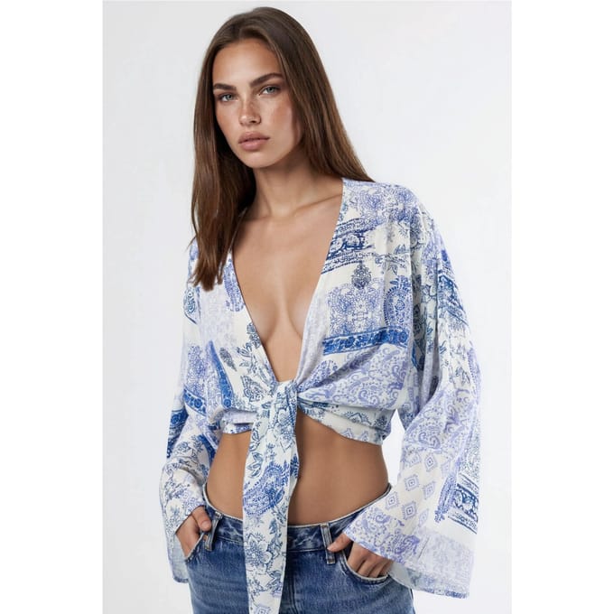 V-hals Paisley-print Cropped Blouse met Strikdetail