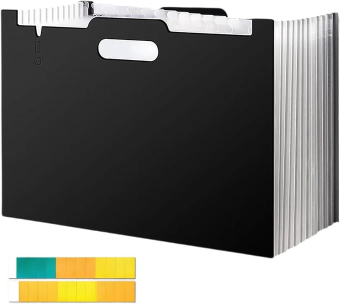 Uitbreidbare A4 Mappen met 13 Compartimenten en Labels - Draagbare Accordeonmap voor Kantoor, School en Thuis, Zwart