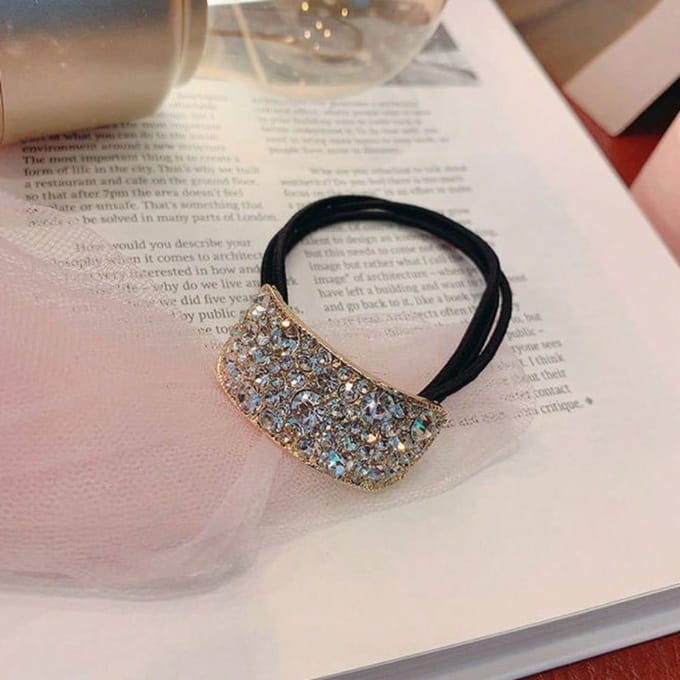 1 pièce Support élastique brillant pour queue de cheval avec strass en cristal, Bande élastique solide ajoute un éclat tendance à la coiffure, Chouchou or
