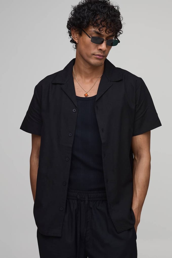 Regular Fit Linnen Blend Overhemd Met Korte Mouwen | Black | Size Medium