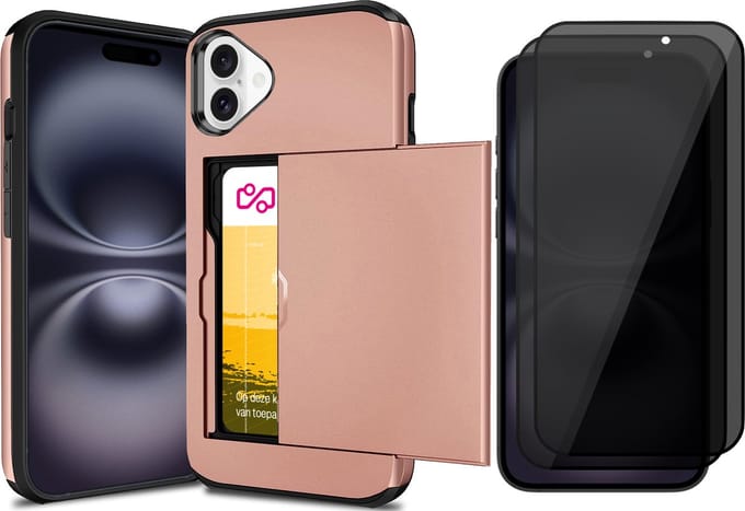 Hoesje met Pasjeshouder geschikt voor iPhone 16 Plus - 2x Privacy Screen Protector FullGuard - Back Cover SlideCase Roségoud & Screenprotector