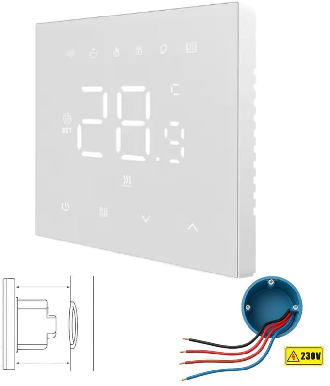 Thermostaat | Inbouw touchscreen | Tuya Smart Life | 4-draads 230V | Wit