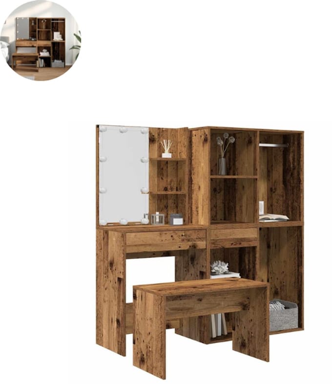 Kaptafel met spiegel - Make up tafel - Make up - Toilettafel - Met lades - Oud Hout