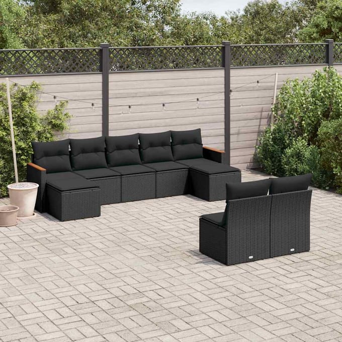 vidaXL - 9-delige - Loungeset - met - kussens - poly - rattan - zwart