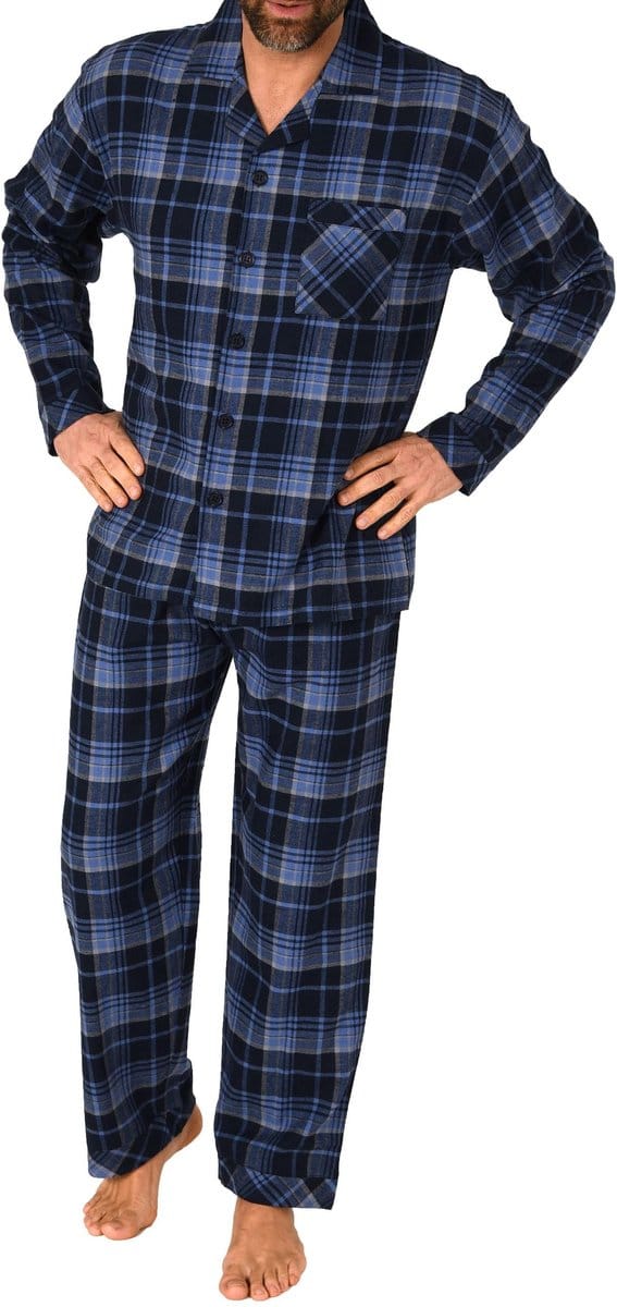 Heren flanellen pyjama met lange mouwen en ruitpatroon