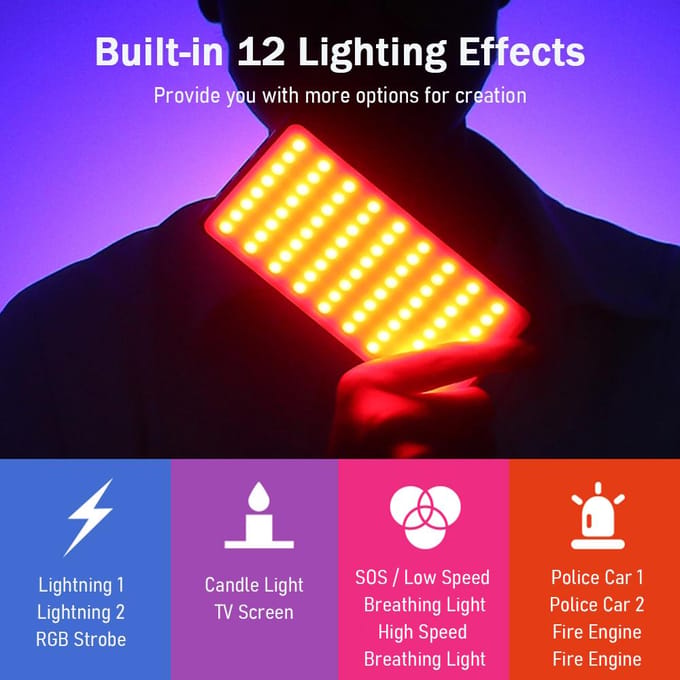 Draagbaar RGB Videolicht LED Invullicht Paneel 3000K8500K Dimbaar 12 Lichteffecten CRI97+ zwart