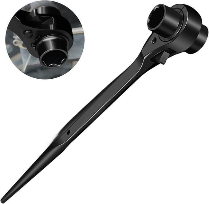 Multifunctionele ratelmoersleutel 19/22 mm voor steigerbouw, rechts/links schakelbaar, CR-V met matte chroomafwerking