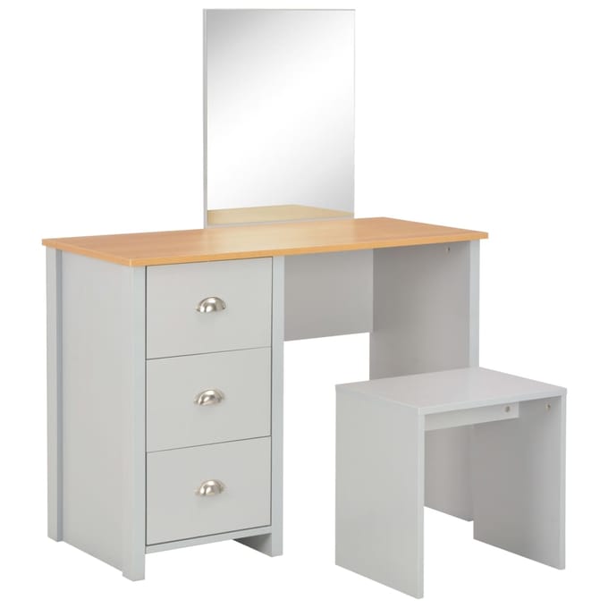 vidaXL - Kaptafel - met - spiegel - en - krukje - 104x45x131 - cm - grijs