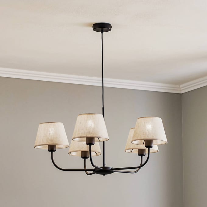 TK Lighting Kroonluchter Chicago, linnen lampenkappen, 5-lamps