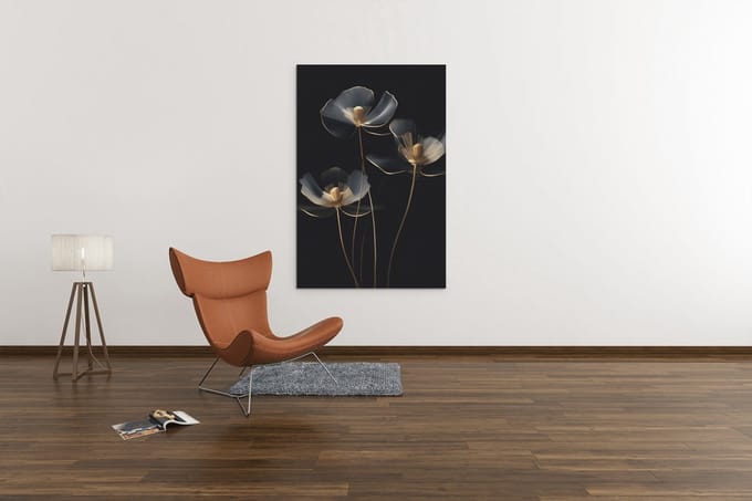 Canvas Schilderij - Bloemen - Zwart - Goud - 120x80x2 cm