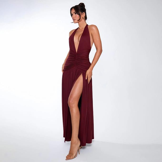 Nieuwe Stijl Dameskleding, Temperament, Halter V-hals Lange Rok, Sexy Split Backless Jurk, Jurk XL