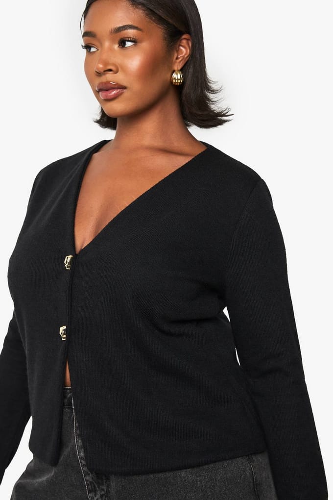 boohoo Dames PLUS GEBREIDE CARDIGAN MET GOUDEN KNOPEN | Zwart | Maat: 56