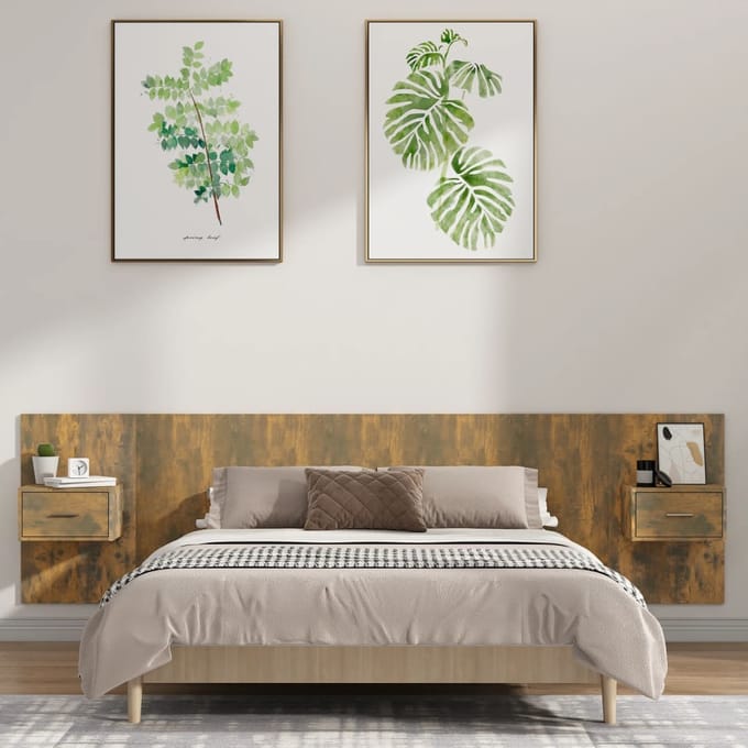 vidaXL - Hoofdbord - met - kastjes - bewerkt - hout - gerookt - eikenkleurig