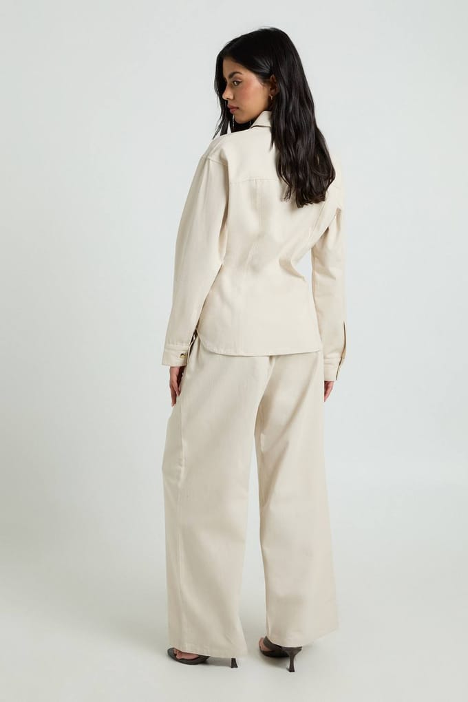 boohoo Dames Chambray Wijde Pijpenbroek Met Trekkoord | Ecru | Maat: 36