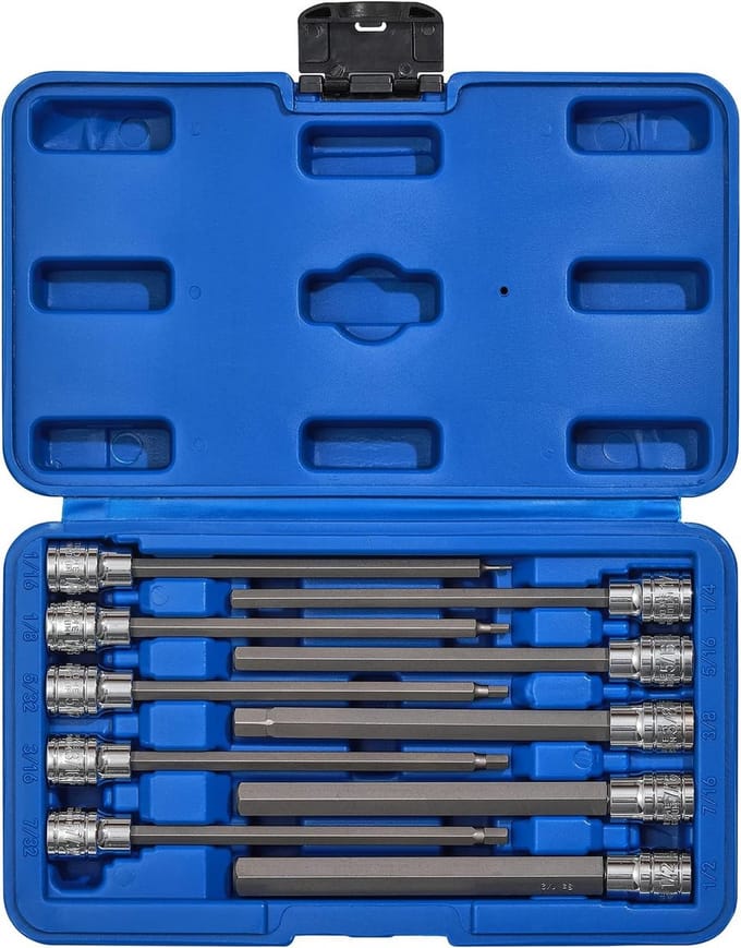 Lange Inbus Bit Socket Set, 3/8" Aandrijving, SAE Maten, Extra Lange Bits