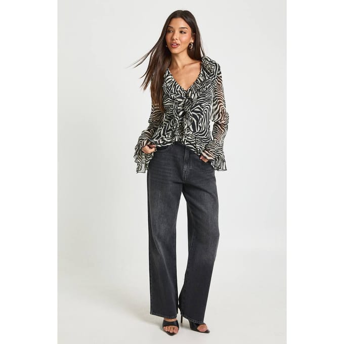 boohoo Dames Zebra Chiffon Ruches Blouse | Zebraprint | Maat: 34