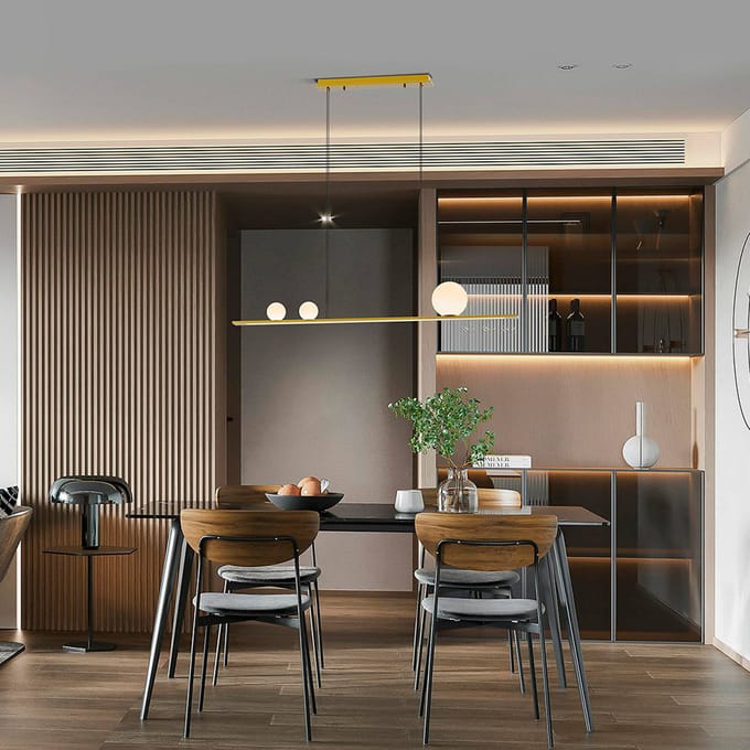 Schuller Valencia LED hanglamp Mila, goudkleurig, lengte 120 cm, 3-lamps.