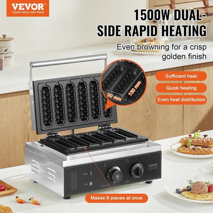 6 STKS Commerciële Wafelstokjes Maker Wafel Bakplaat Hotdog Wafelijzer 1500W
