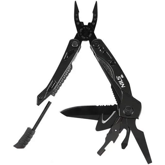 NILS CAMP Multitool Zakmes - 12-in-1 Multitool - 9-Delige Bitset - Tang, Mes, Schaar & Flesopener - Inclusief Draagetui - RVS - Zwart