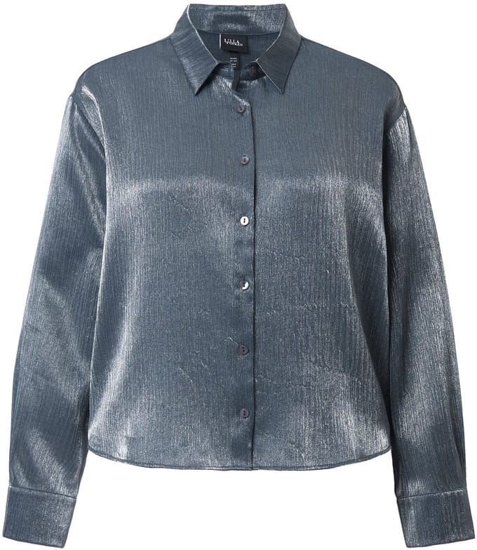 Ulla Popken - Dames - Overhemdblouse metallic glans boxy overhemdkraag - Zilver - Maat 46+