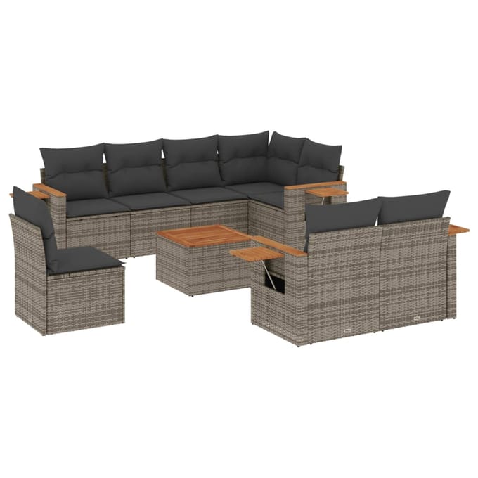vidaXL - 9-delige - Loungeset - met - kussens - poly - rattan - grijs