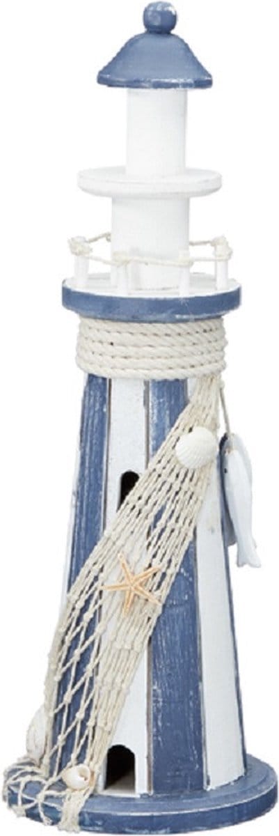 Vuurtoren Beeldje - 12 x 37 cm - wit / lichtblauw - maritieme decoratie