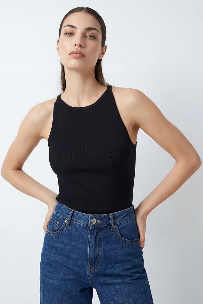 Geribbelde Mouwloze Crew Neck Tanktop
