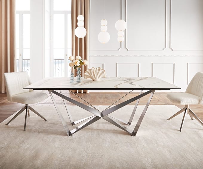 Eetkamertafel Edge keramiek Calacatta Luxe wit-goud-grijs 200x100 spider vlak staal RVS