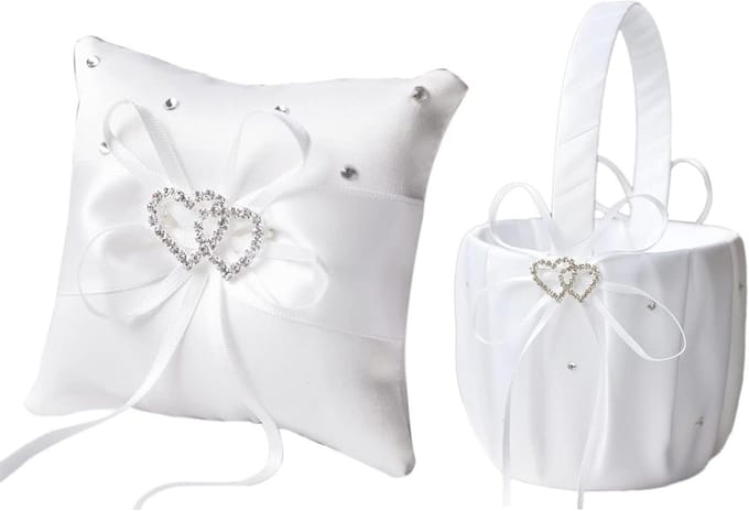 Bruiloft Set - Bloem Mand Kussen - Ceremonie Decoratie - Satijnen Strik - 20x20cm - Wit