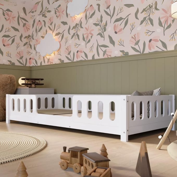 Montessori peuterbed 200x90 cm Wit Vloerbed met Veiligheidsleuning