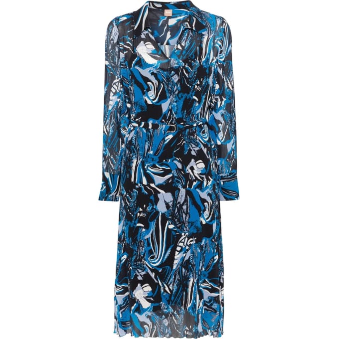 Boss Daplisa geplooide midi-shirtjurk voor dames (Blauw/Zwart)