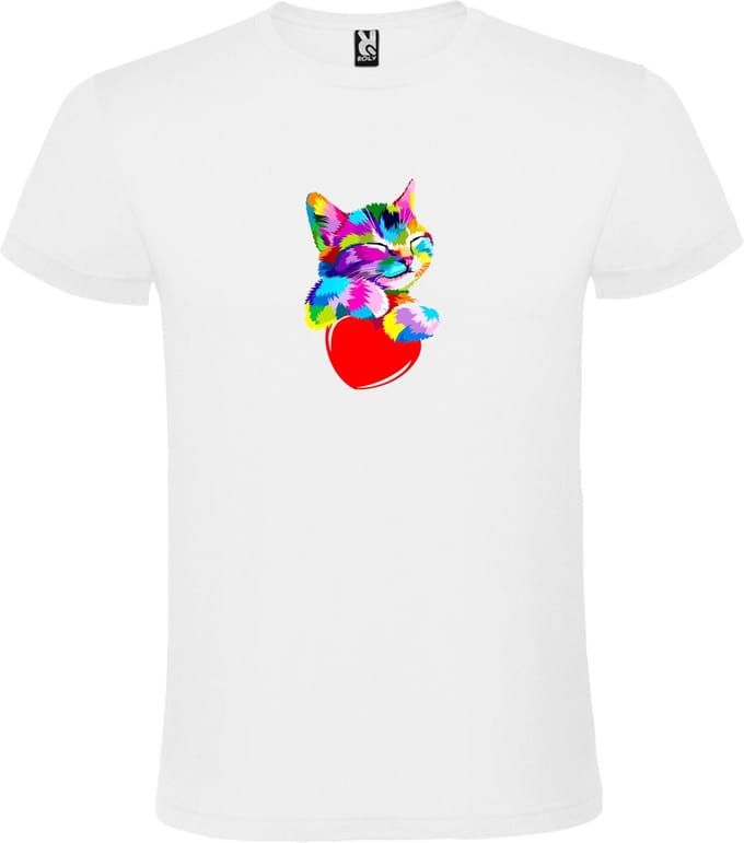 Wit T shirt met print van 'Kleurrijke Kat' size M