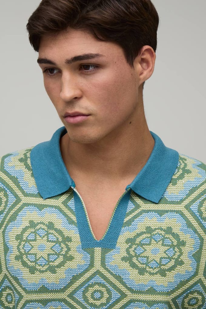 Oversized Boxy Crochet Cotton Blend Knitted Polo T-Shirt | Green | Size Small